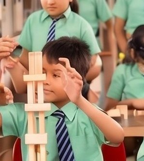 A student building with wooden blocks