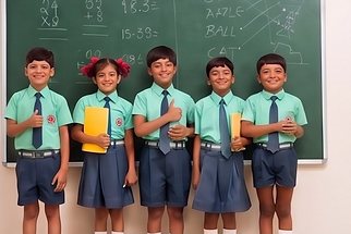 A group of students in front of the blackboard
