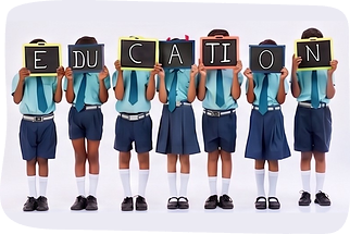 Students spelling out EDUCATION with slates