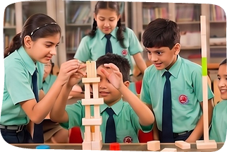 Students building a wooden block tower