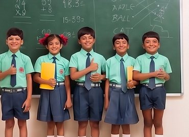 A group of students in front of the blackboard