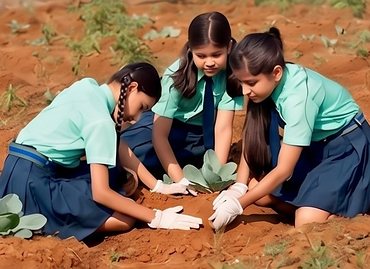 Students planting saplings in the school garden